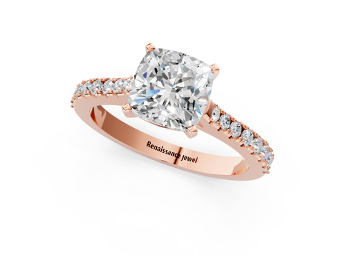 Rose gold Cushion Cut Solitaire Diamond Engagement Ring with Pave Band and Four-Prong Setting_149
