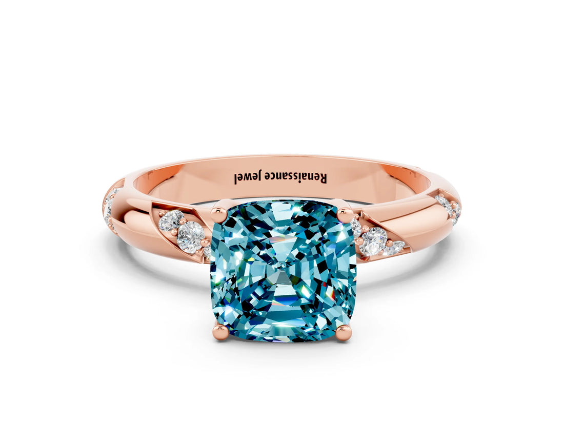 Rose gold Cushion Cut Solitaire Diamond Engagement Ring with Twisted Pave Band and Four-Prong Setting