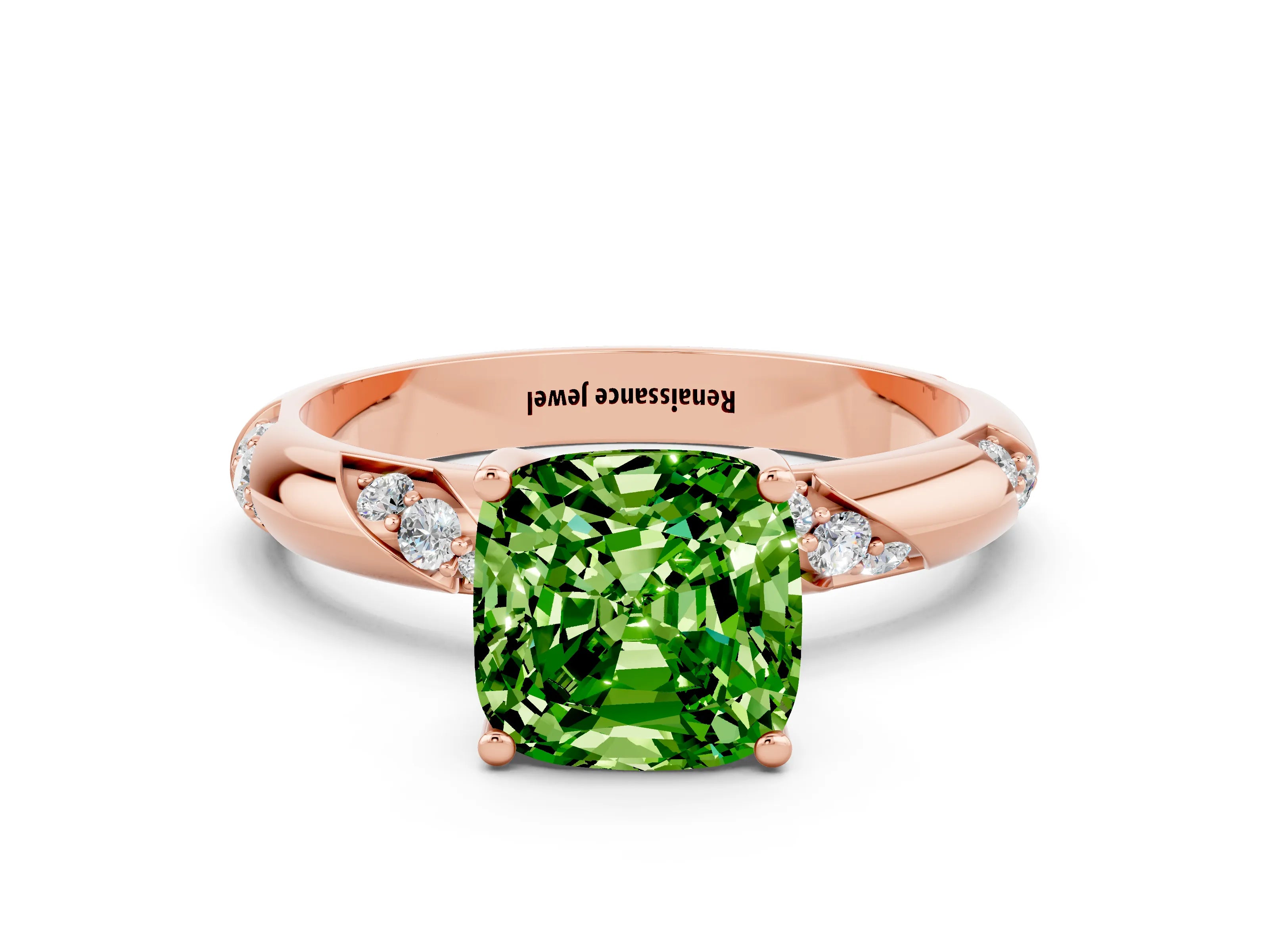 Rose gold Cushion Cut Solitaire Diamond Engagement Ring with Twisted Pave Band and Four-Prong Setting
