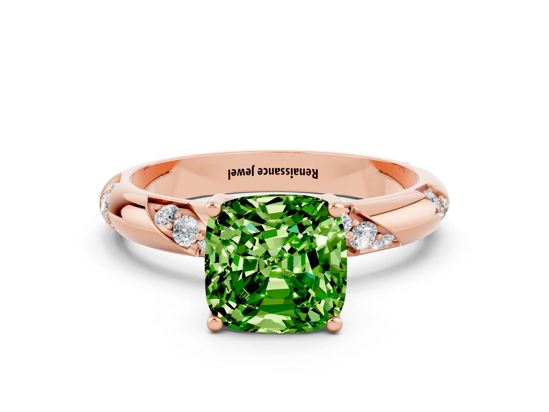 Rose gold Cushion Cut Solitaire Diamond Engagement Ring with Twisted Pave Band and Four-Prong Setting