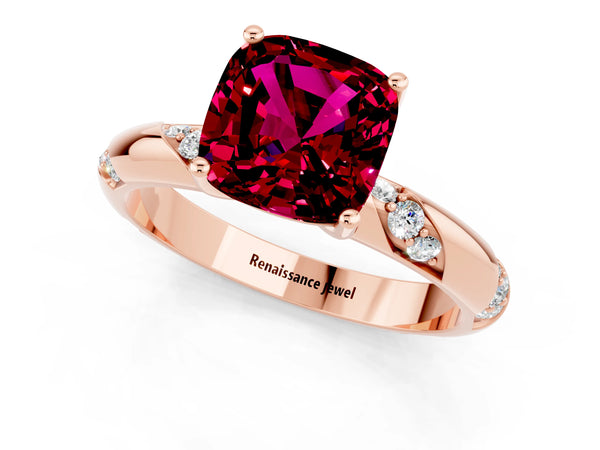 Rose gold Cushion Cut Garnet Solitaire Engagement Ring with Twisted Round  Accent Band and Prong Setting