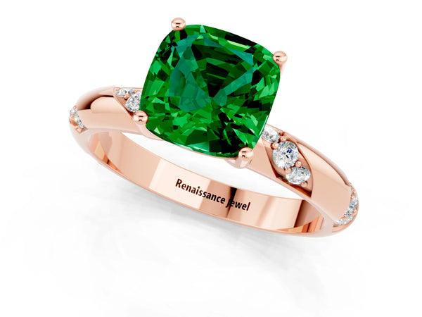 Rose gold Cushion Cut Emerald Solitaire Engagement Ring with Twisted Round  Accent Band and Prong Setting