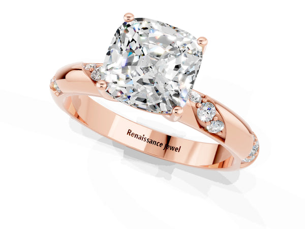 Rose gold Cushion Cut Moissanite Solitaire Engagement Ring with Twisted Round  Accent Band and Prong Setting