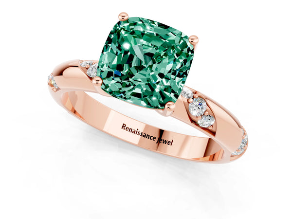 Rose gold Cushion Cut Green Sapphire Solitaire Engagement Ring with Twisted Round  Accent Band and Prong Setting