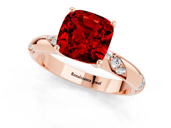 Rose gold Cushion Cut Ruby Solitaire Engagement Ring with Twisted Round  Accent Band and Prong Setting