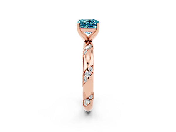 Rose gold Cushion Cut Solitaire Diamond Engagement Ring with Twisted Pave Band and Four-Prong Setting