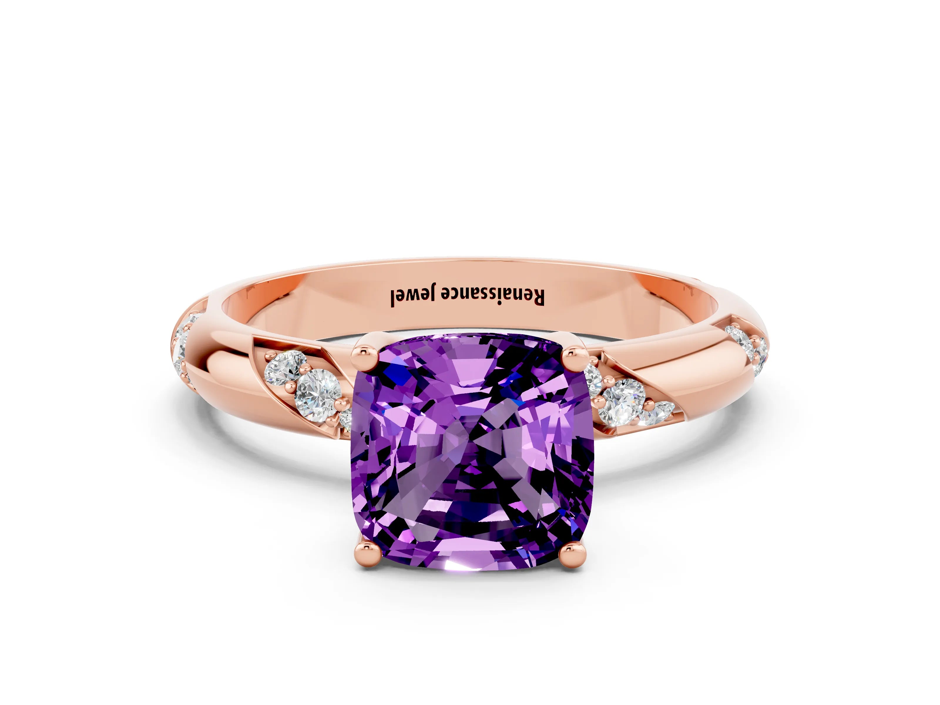 Rose gold Cushion Cut Solitaire Diamond Engagement Ring with Twisted Pave Band and Four-Prong Setting