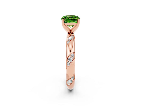 Rose gold Cushion Cut Solitaire Diamond Engagement Ring with Twisted Pave Band and Four-Prong Setting