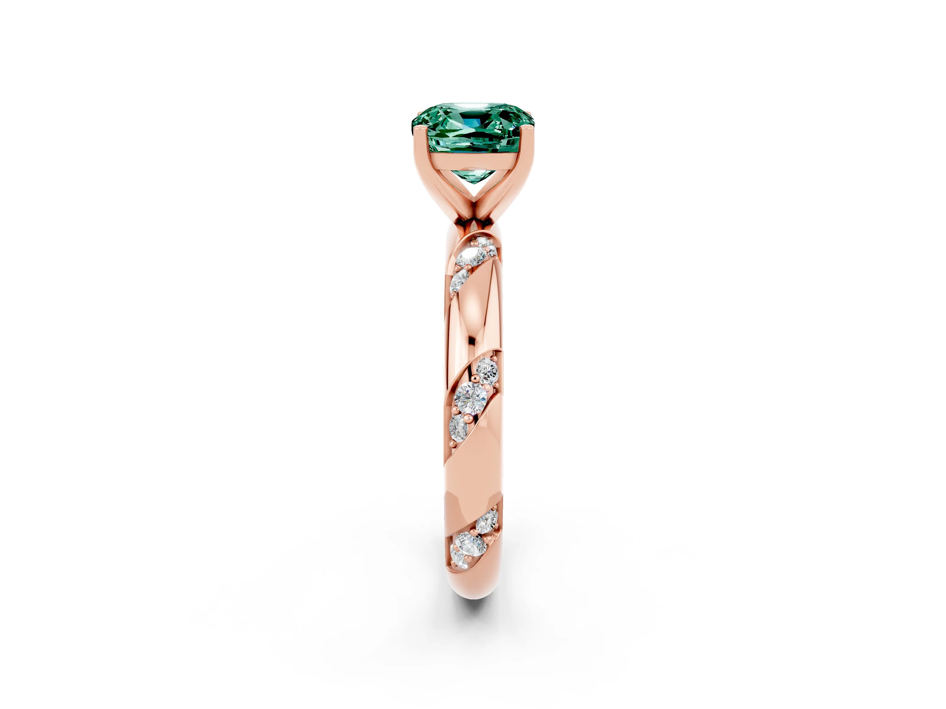 Rose gold Cushion Cut Solitaire Diamond Engagement Ring with Twisted Pave Band and Four-Prong Setting_2