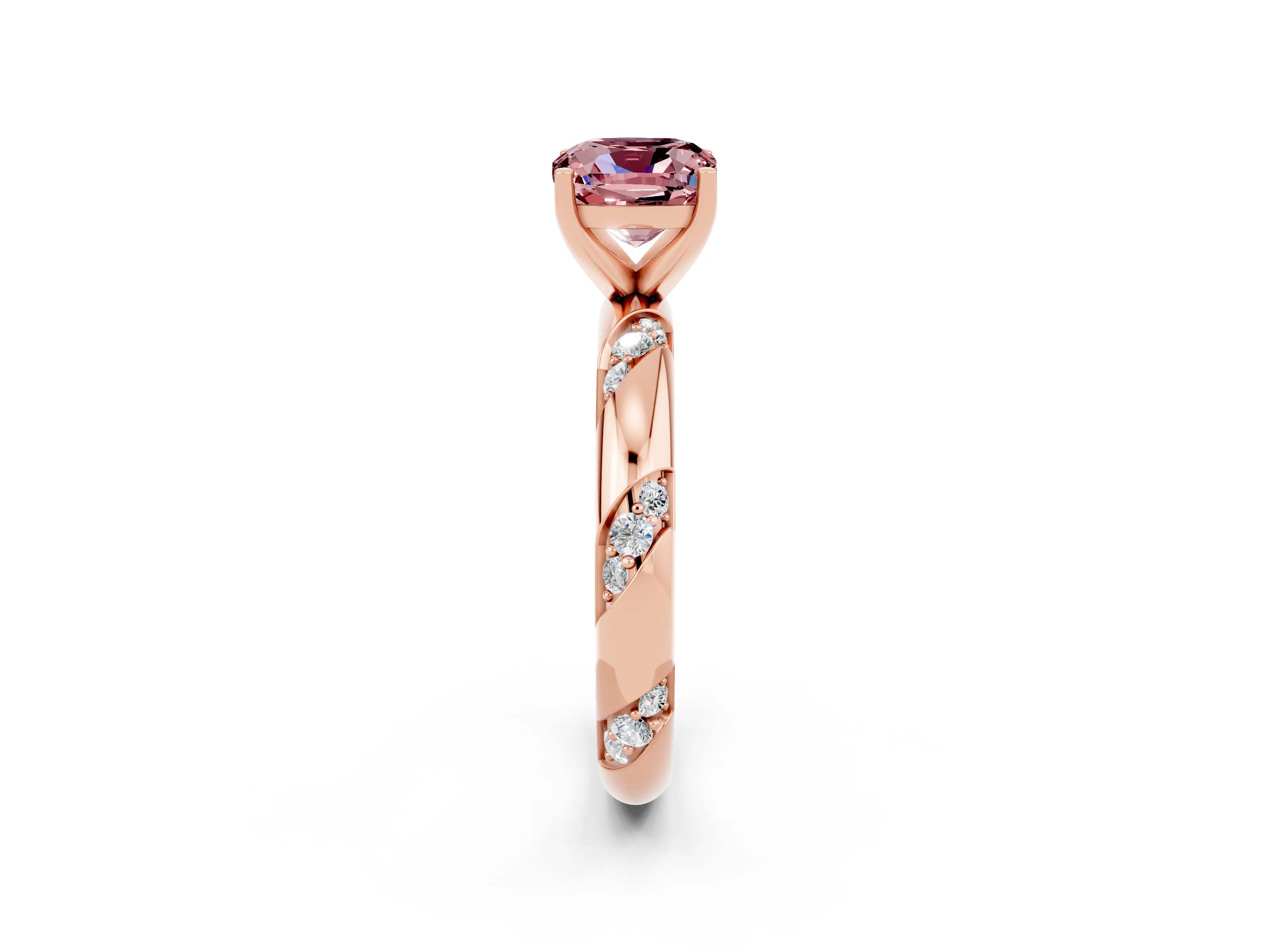 Rose gold Cushion Cut Solitaire Diamond Engagement Ring with Twisted Pave Band and Four-Prong Setting_2