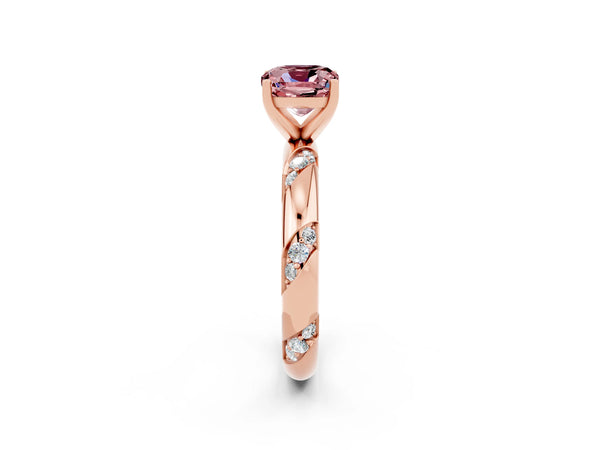 Rose gold Cushion Cut Solitaire Diamond Engagement Ring with Twisted Pave Band and Four-Prong Setting