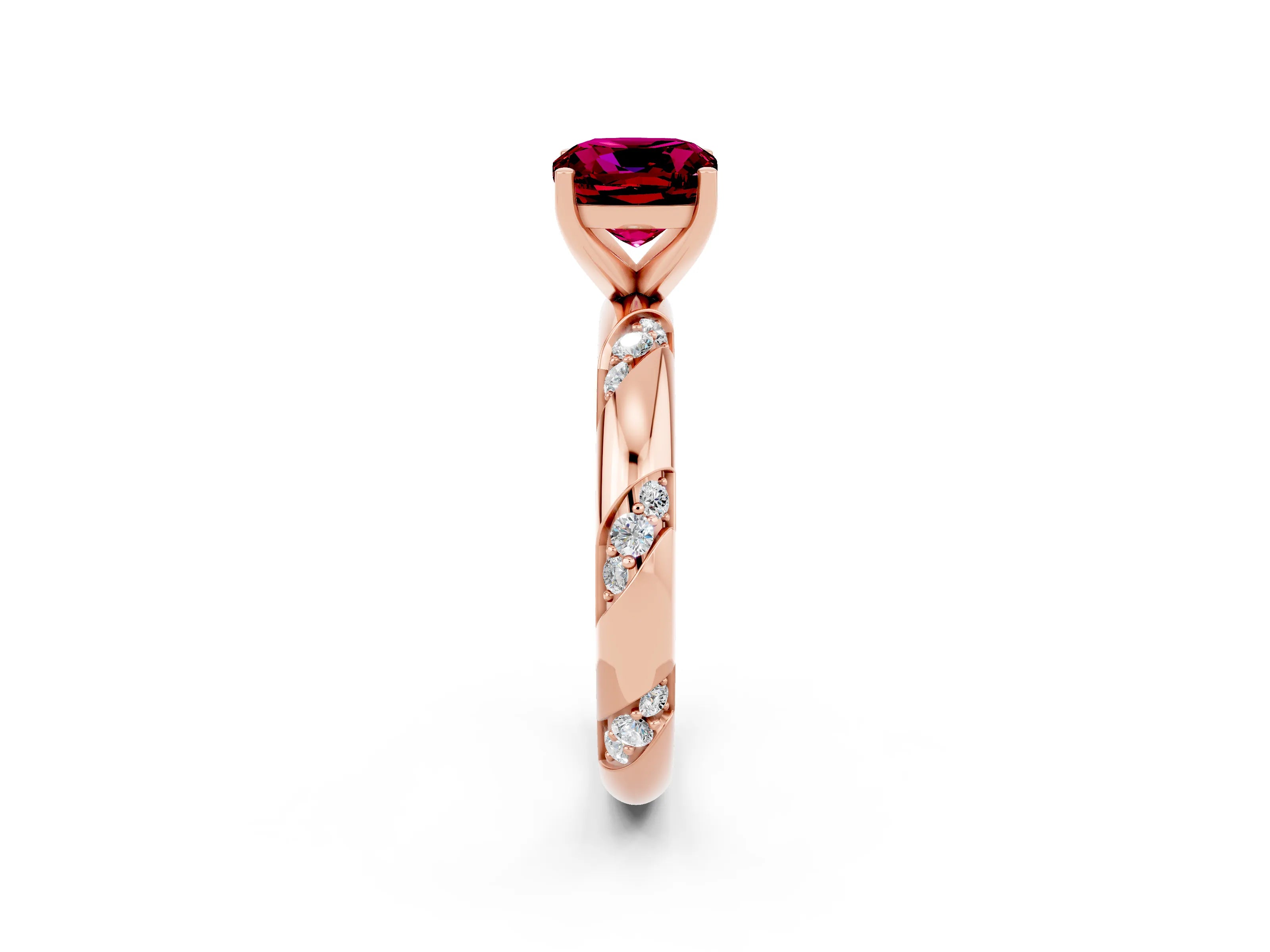 Rose gold Cushion Cut Solitaire Diamond Engagement Ring with Twisted Pave Band and Four-Prong Setting_2