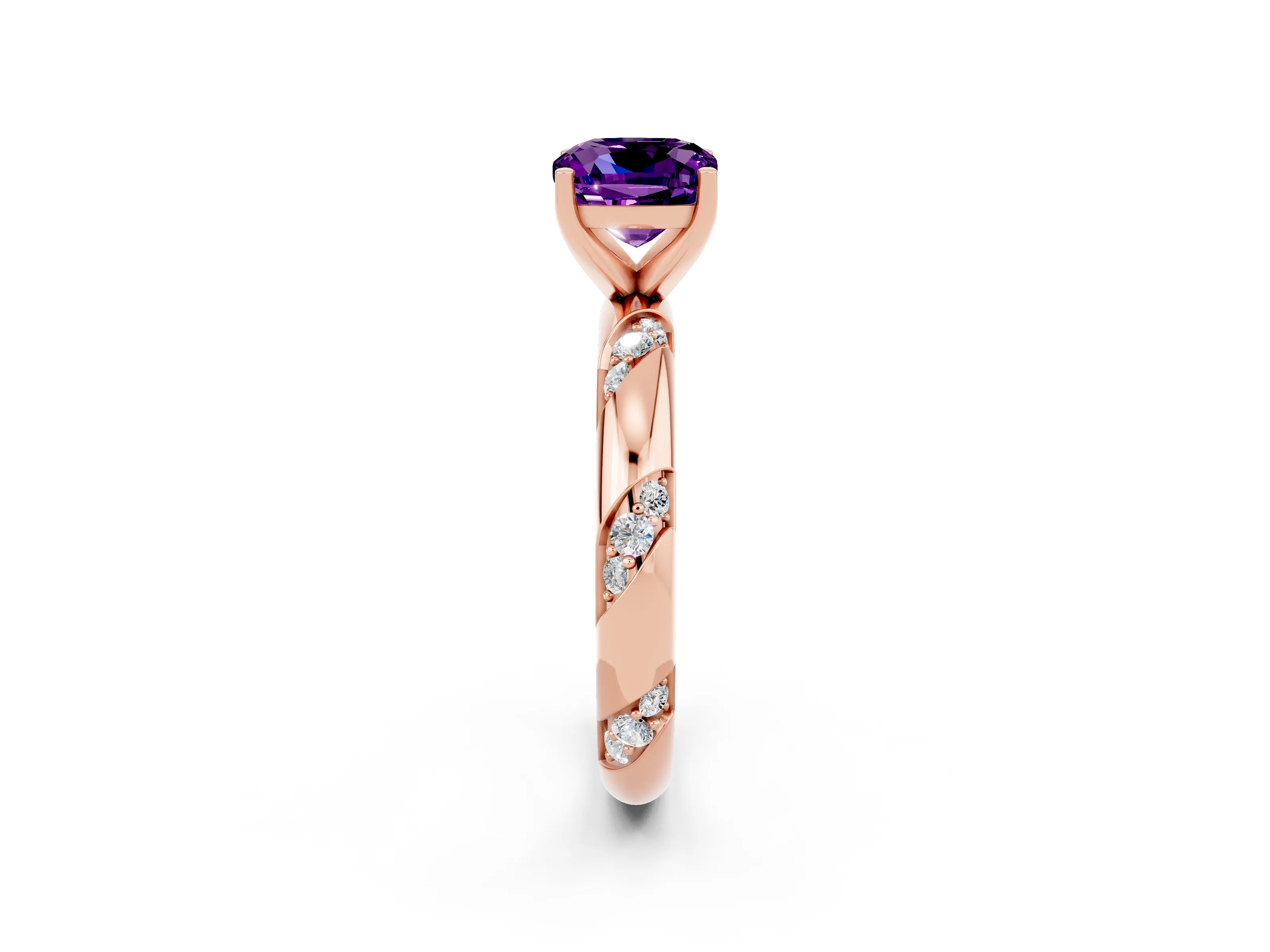 Rose gold Cushion Cut Solitaire Diamond Engagement Ring with Twisted Pave Band and Four-Prong Setting_2