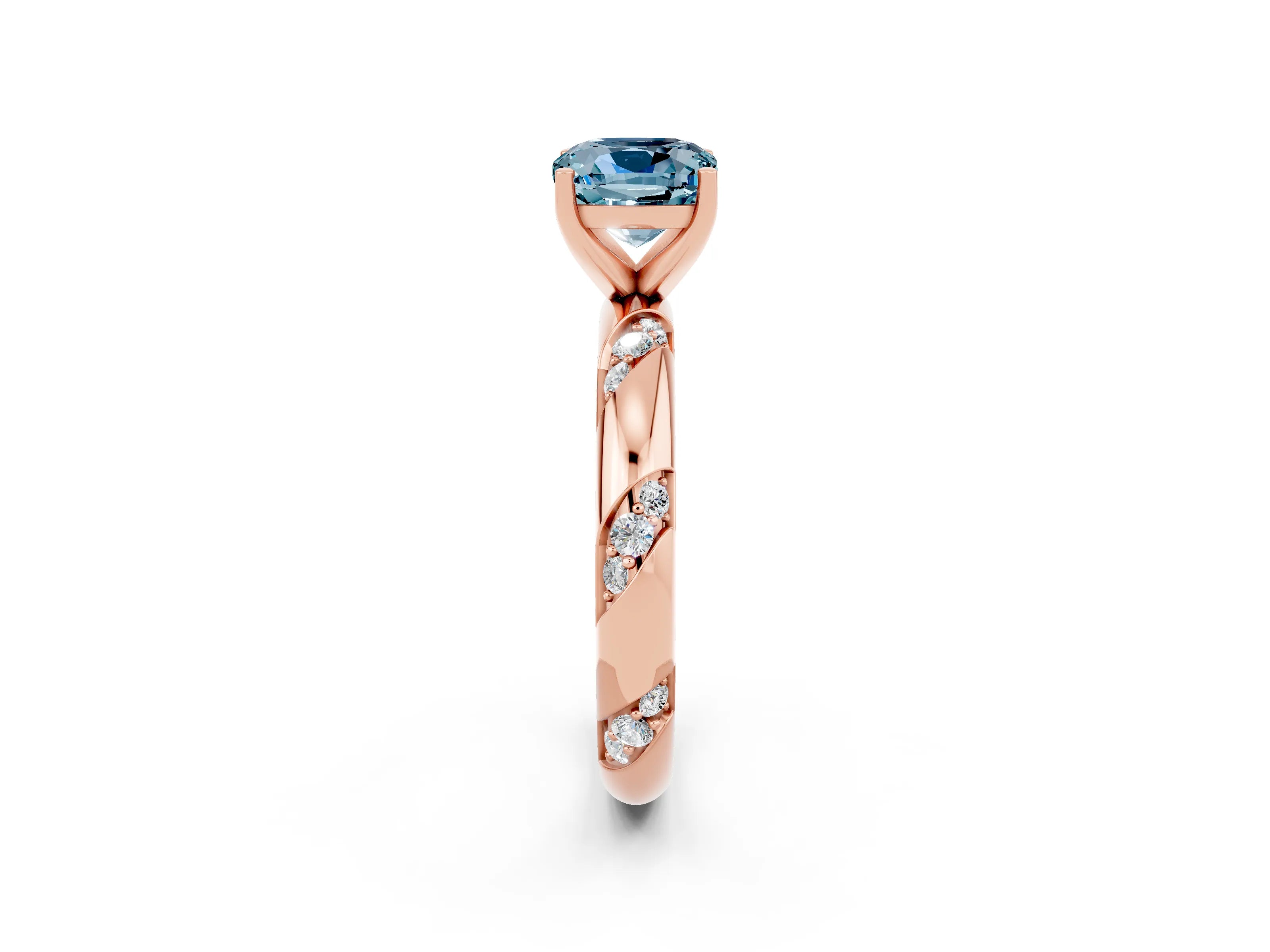Rose gold Cushion Cut Solitaire Diamond Engagement Ring with Twisted Pave Band and Four-Prong Setting_2