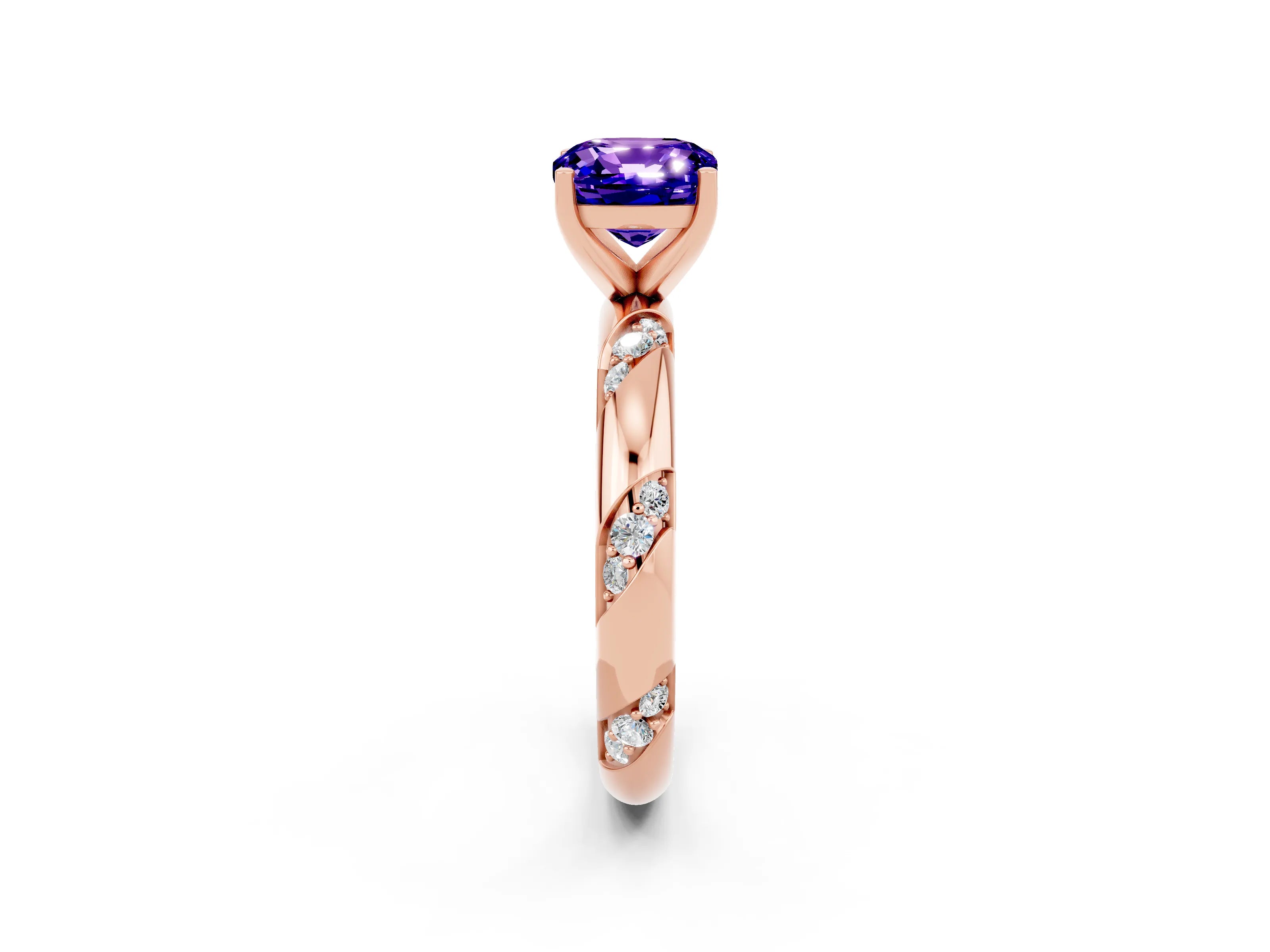 Rose gold Cushion Cut Solitaire Diamond Engagement Ring with Twisted Pave Band and Four-Prong Setting_2