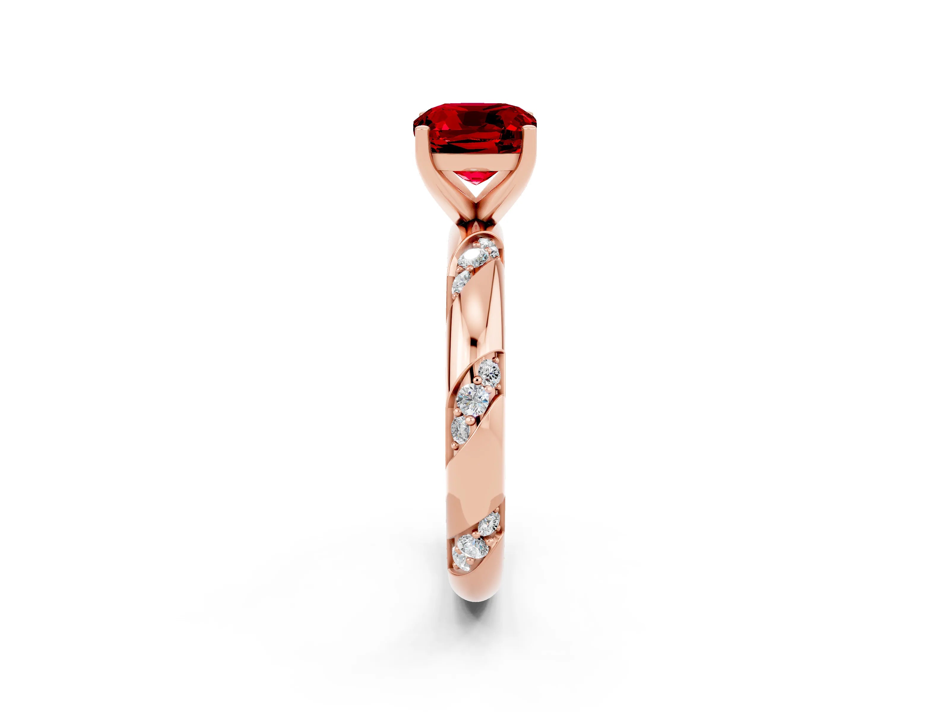 Rose gold Cushion Cut Solitaire Diamond Engagement Ring with Twisted Pave Band and Four-Prong Setting_2