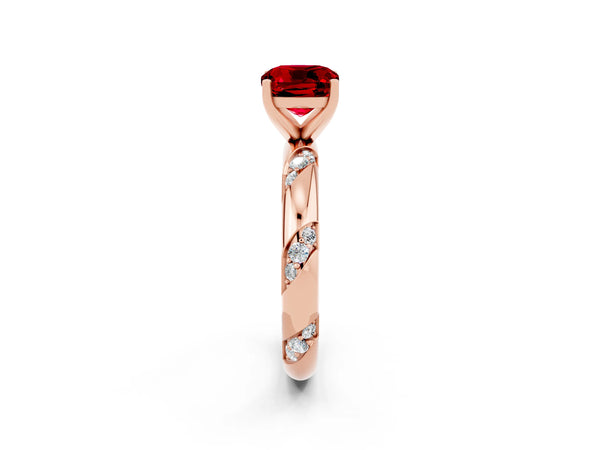 Rose gold Cushion Cut Ruby Solitaire Engagement Ring with Twisted Round  Accent Band and Prong Setting