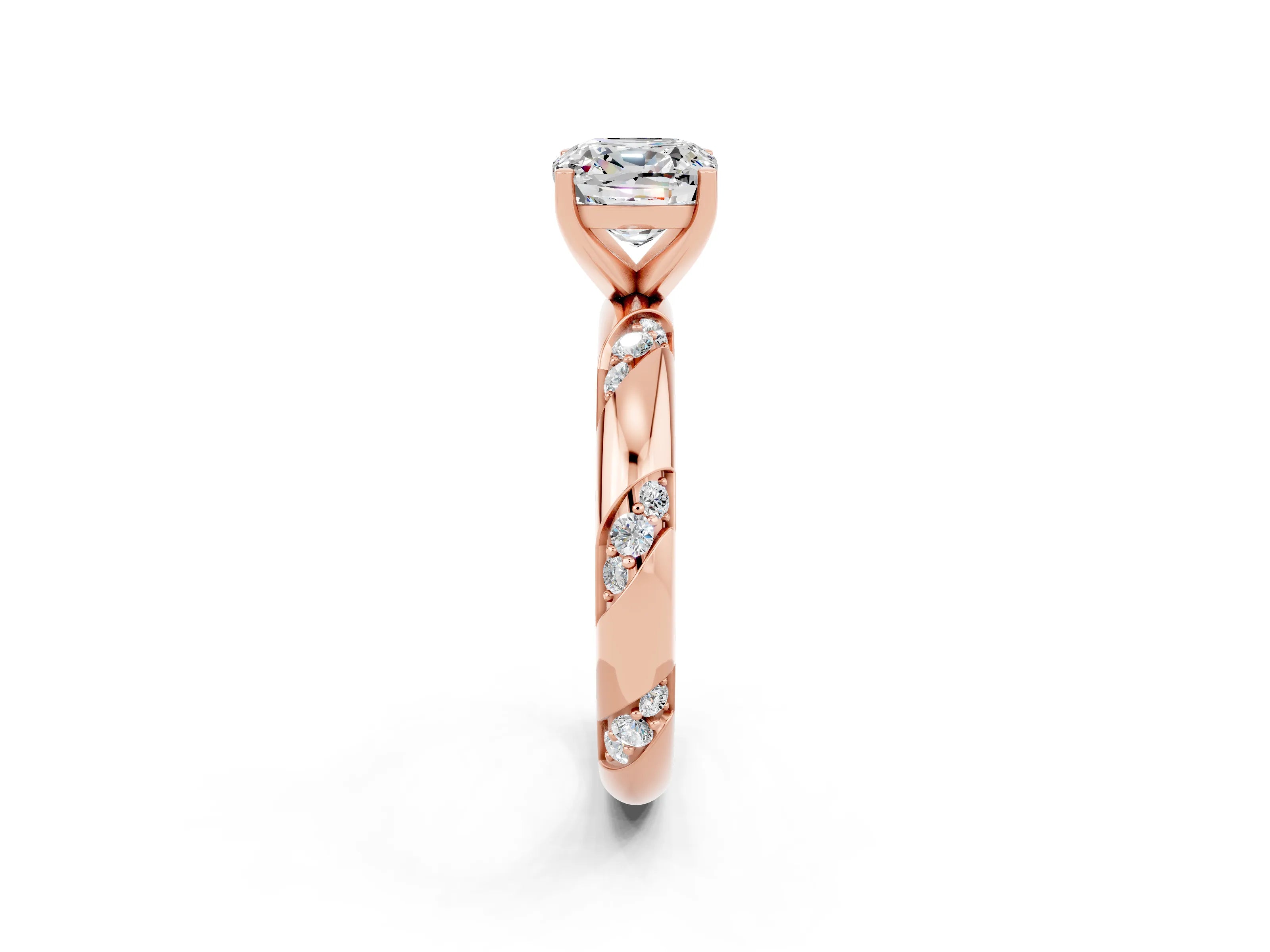Rose gold Cushion Cut Solitaire Diamond Engagement Ring with Twisted Pave Band and Four-Prong Setting_2