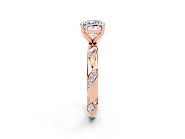 Rose gold Cushion Cut Moissanite Solitaire Engagement Ring with Twisted Round  Accent Band and Prong Setting