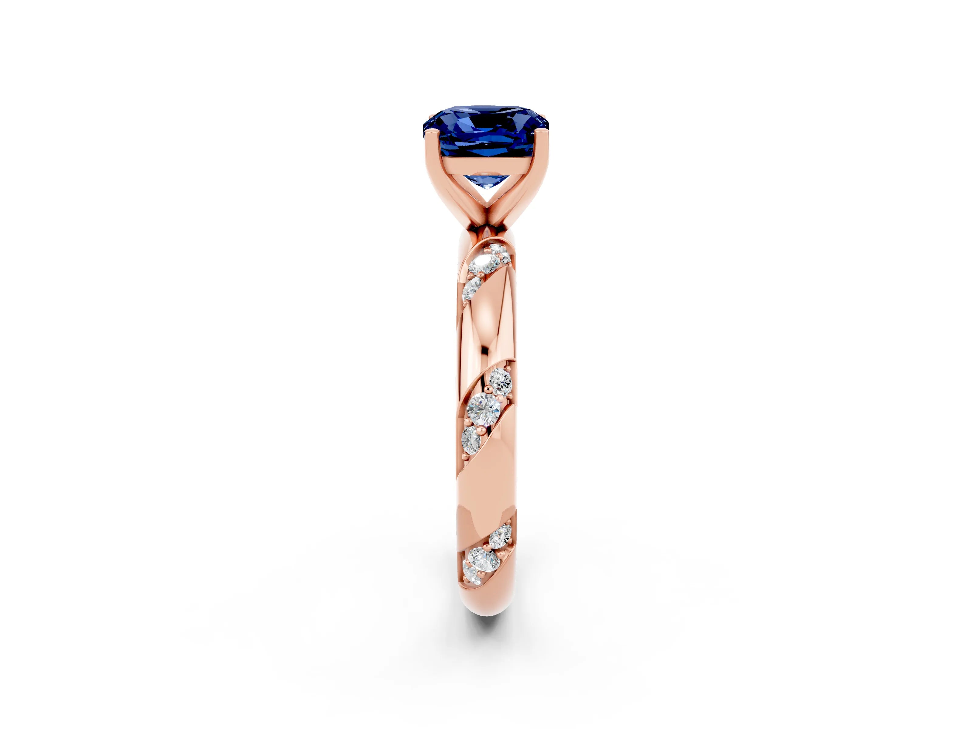 Rose gold Cushion Cut Solitaire Diamond Engagement Ring with Twisted Pave Band and Four-Prong Setting_2