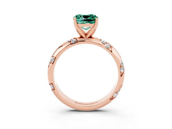 Rose gold Cushion Cut Green Sapphire Solitaire Engagement Ring with Twisted Round  Accent Band and Prong Setting