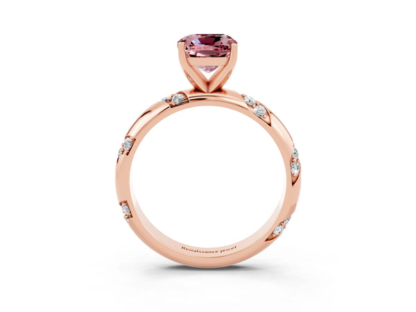 Rose gold Cushion Cut Solitaire Diamond Engagement Ring with Twisted Pave Band and Four-Prong Setting