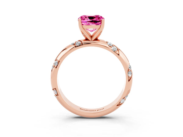 Rose gold Cushion Cut Solitaire Diamond Engagement Ring with Twisted Pave Band and Four-Prong Setting