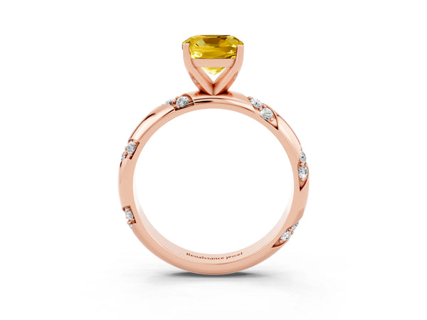 Rose gold Cushion Cut Yellow Sapphire Solitaire Engagement Ring with Twisted Round  Accent Band and Prong Setting