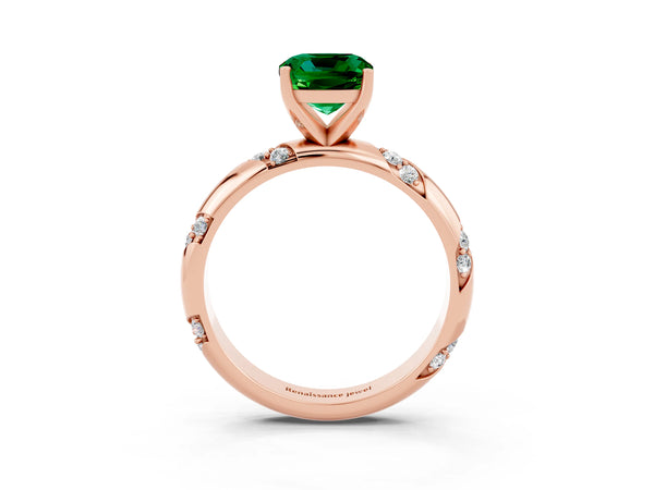 Rose gold Cushion Cut Emerald Solitaire Engagement Ring with Twisted Round  Accent Band and Prong Setting