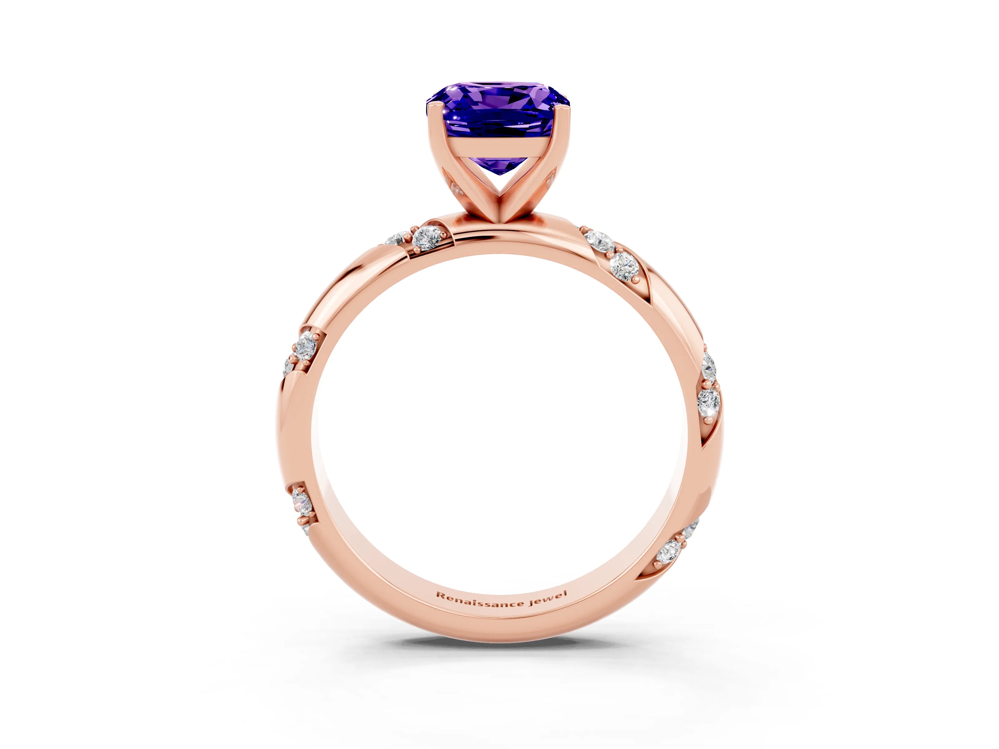 Rose gold Cushion Cut Solitaire Diamond Engagement Ring with Twisted Pave Band and Four-Prong Setting_3
