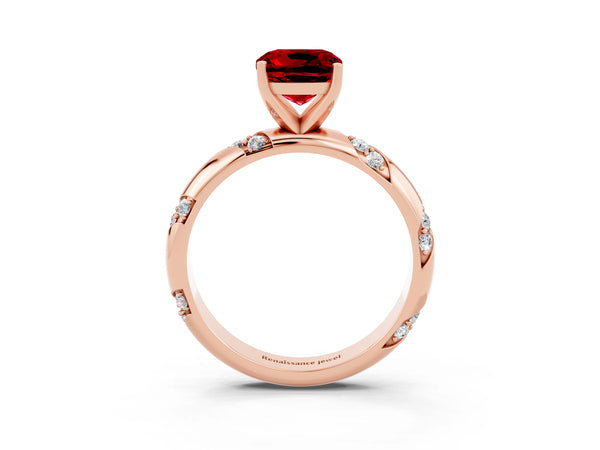 Rose gold Cushion Cut Ruby Solitaire Engagement Ring with Twisted Round  Accent Band and Prong Setting