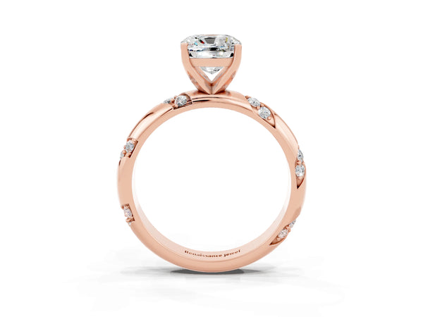 Rose gold Cushion Cut Moissanite Solitaire Engagement Ring with Twisted Round  Accent Band and Prong Setting