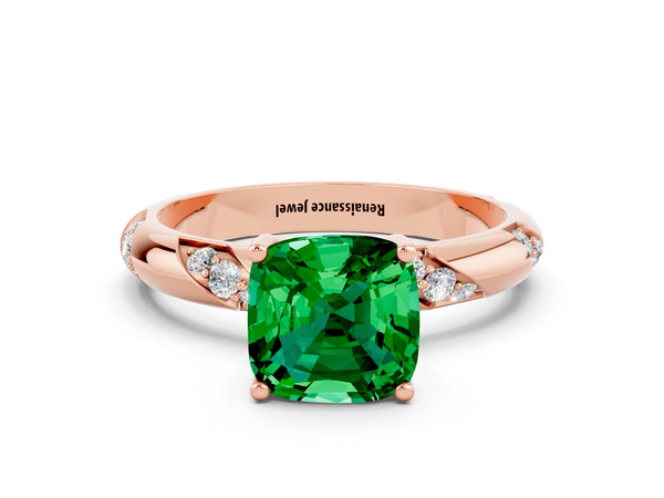 Rose gold Cushion Cut Emerald Solitaire Engagement Ring with Twisted Round  Accent Band and Prong Setting