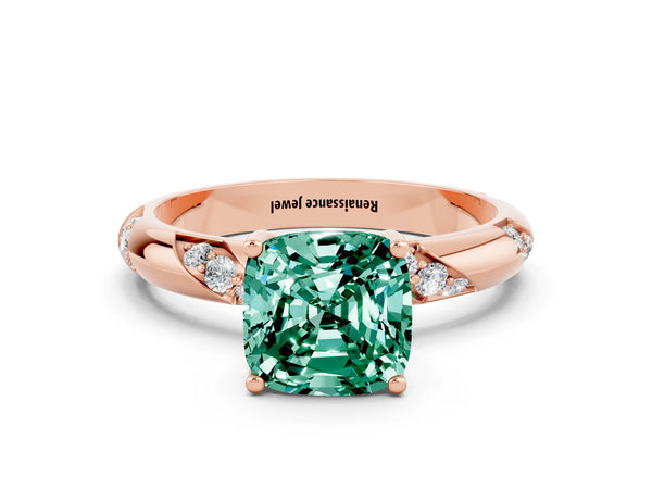 Rose gold Cushion Cut Green Sapphire Solitaire Engagement Ring with Twisted Round  Accent Band and Prong Setting