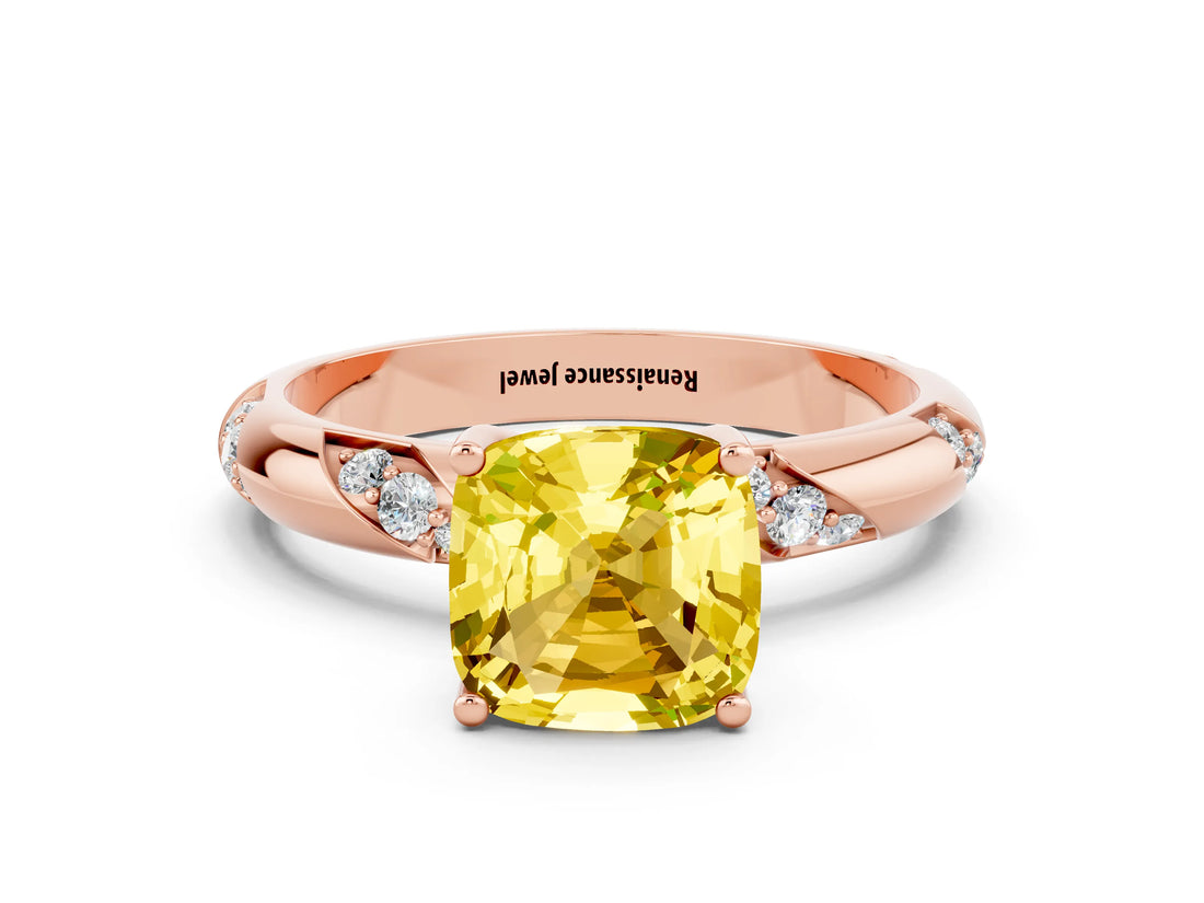 Rose gold Cushion Cut Solitaire Diamond Engagement Ring with Twisted Pave Band and Four-Prong Setting