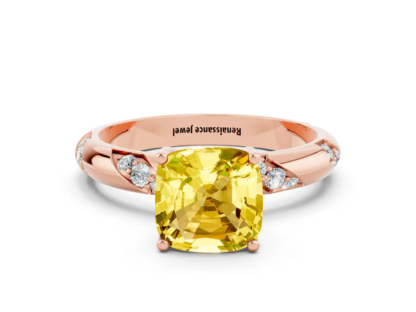Rose gold Cushion Cut Yellow Sapphire Solitaire Engagement Ring with Twisted Round  Accent Band and Prong Setting