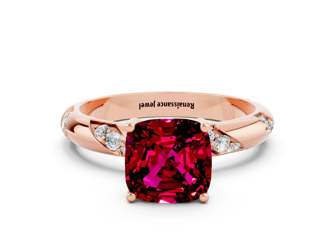Rose gold Cushion Cut Solitaire Diamond Engagement Ring with Twisted Pave Band and Four-Prong Setting