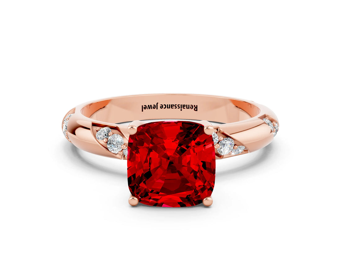 Rose gold Cushion Cut Solitaire Diamond Engagement Ring with Twisted Pave Band and Four-Prong Setting