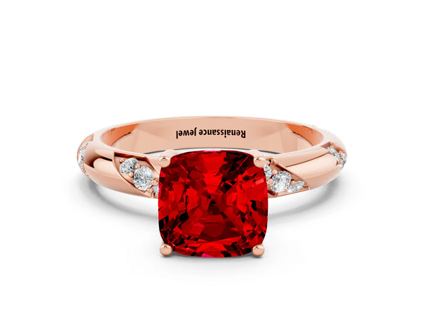 Rose gold Cushion Cut Ruby Solitaire Engagement Ring with Twisted Round  Accent Band and Prong Setting