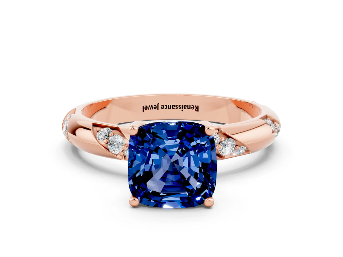 Rose gold Cushion Cut Solitaire Diamond Engagement Ring with Twisted Pave Band and Four-Prong Setting