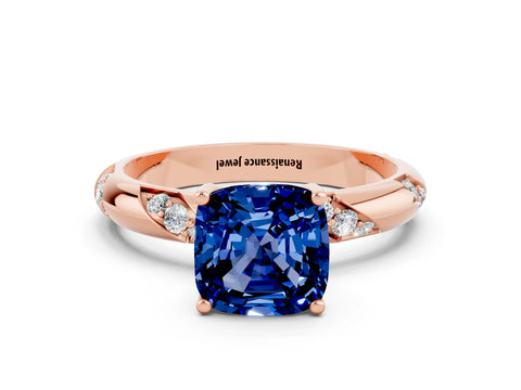 Rose gold Cushion Cut Solitaire Diamond Engagement Ring with Twisted Pave Band and Four-Prong Setting
