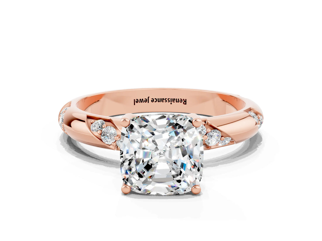 Rose gold Cushion Cut Solitaire Diamond Engagement Ring with Twisted Pave Band and Four-Prong Setting