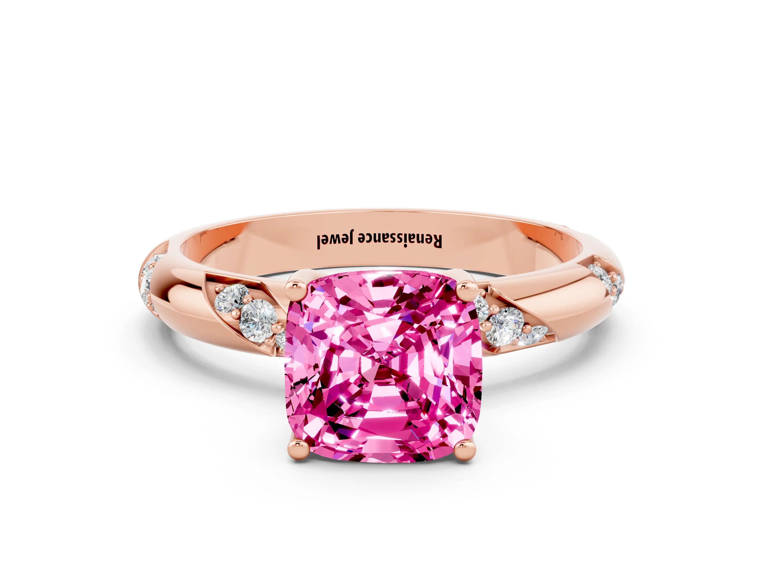 Rose gold Cushion Cut Solitaire Diamond Engagement Ring with Twisted Pave Band and Four-Prong Setting