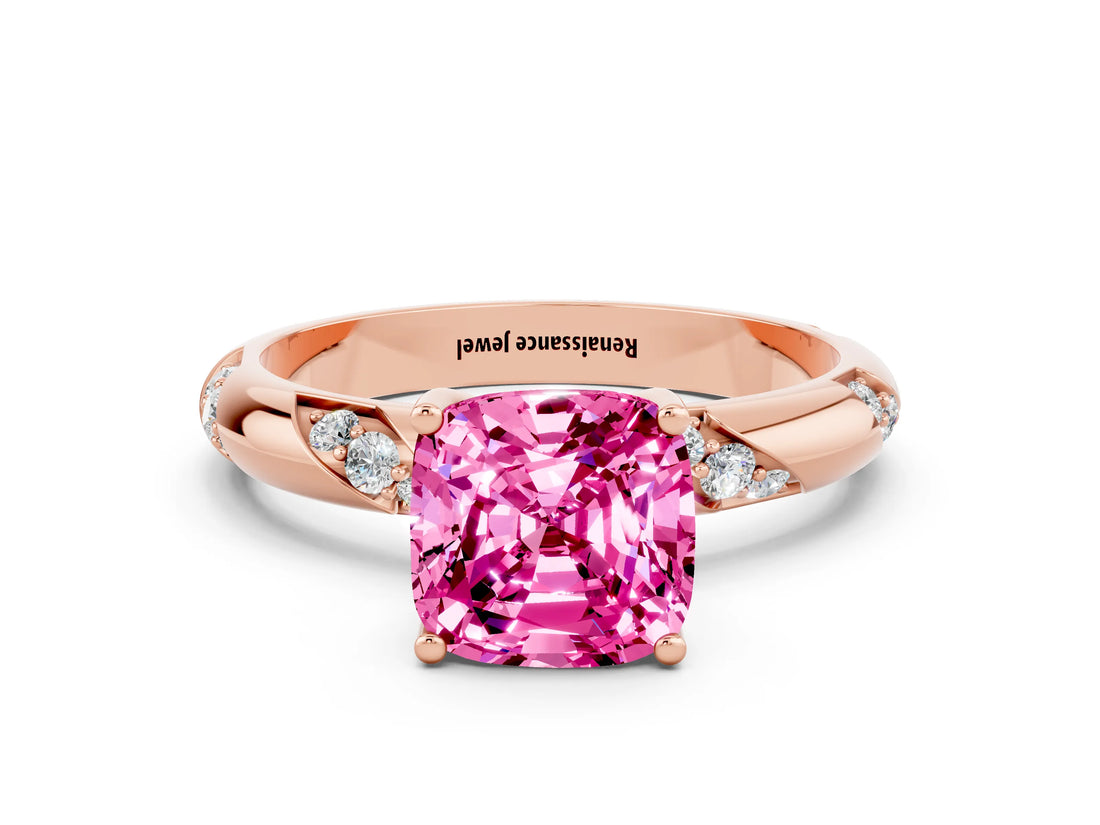 Rose gold Cushion Cut Solitaire Diamond Engagement Ring with Twisted Pave Band and Four-Prong Setting