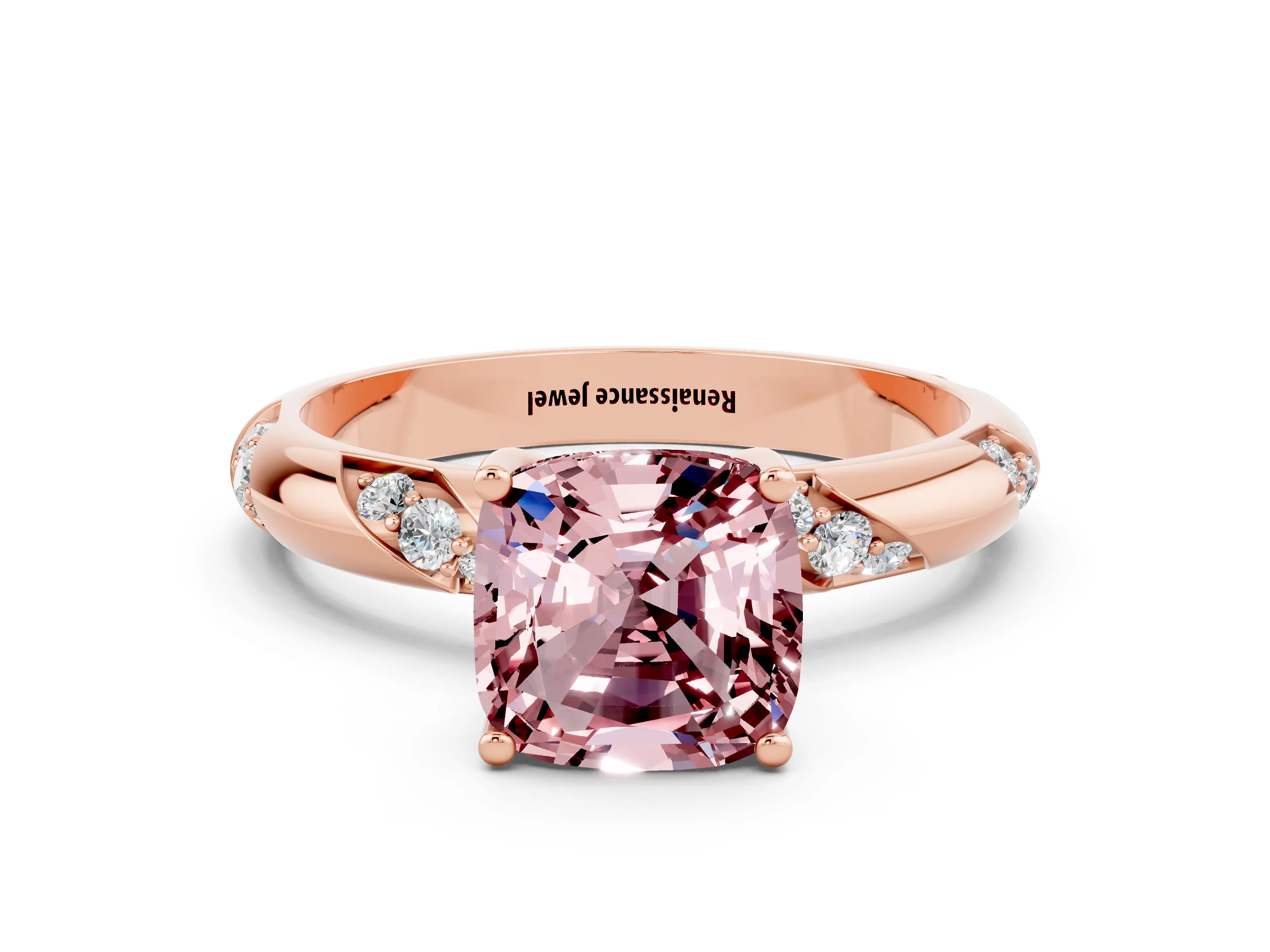 Rose gold Cushion Cut Solitaire Diamond Engagement Ring with Twisted Pave Band and Four-Prong Setting