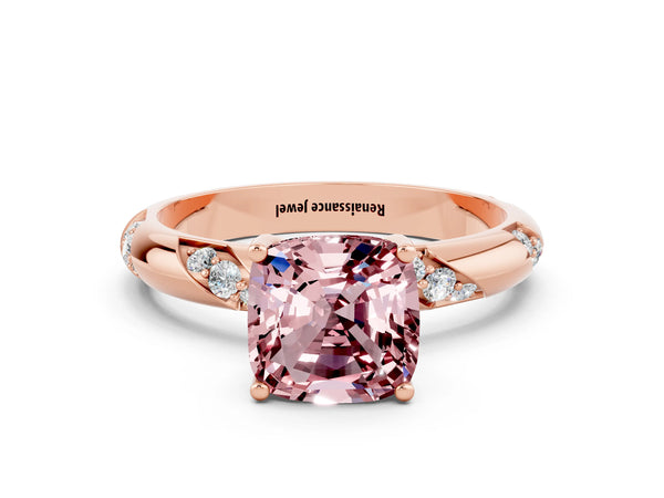 Rose gold Cushion Cut Solitaire Diamond Engagement Ring with Twisted Pave Band and Four-Prong Setting
