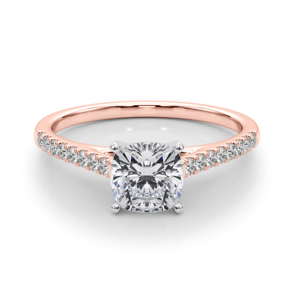 Rose gold Cushion Cut Solitaire Diamond Ring with Pave Band and Four-Prong Setting 1
