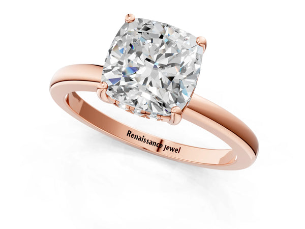 Rose gold Cushion Cut Solitaire Diamond Ring with Prong Setting and Plain Band