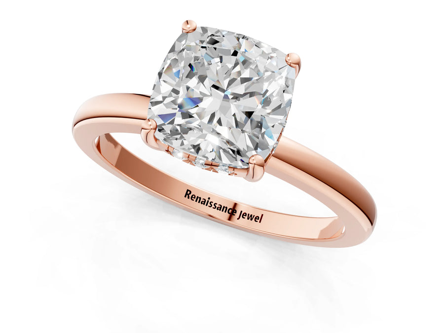 Rose gold Cushion Cut Solitaire Diamond Ring with Prong Setting and Plain Band