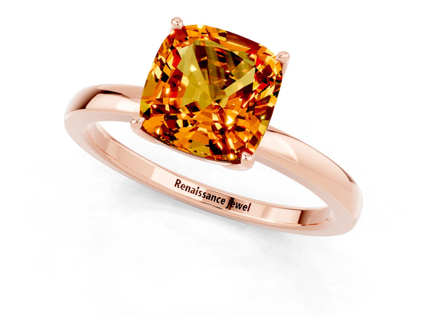 Rose gold Cushion Cut Citrine Solitaire Ring with Thin Band and Prong Setting